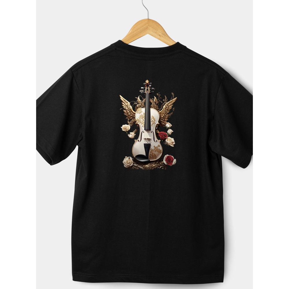 Ornate Violin 2XL Graphic Tee Musical Angel Wings‎ Roses Art T-Shirt Men's Black